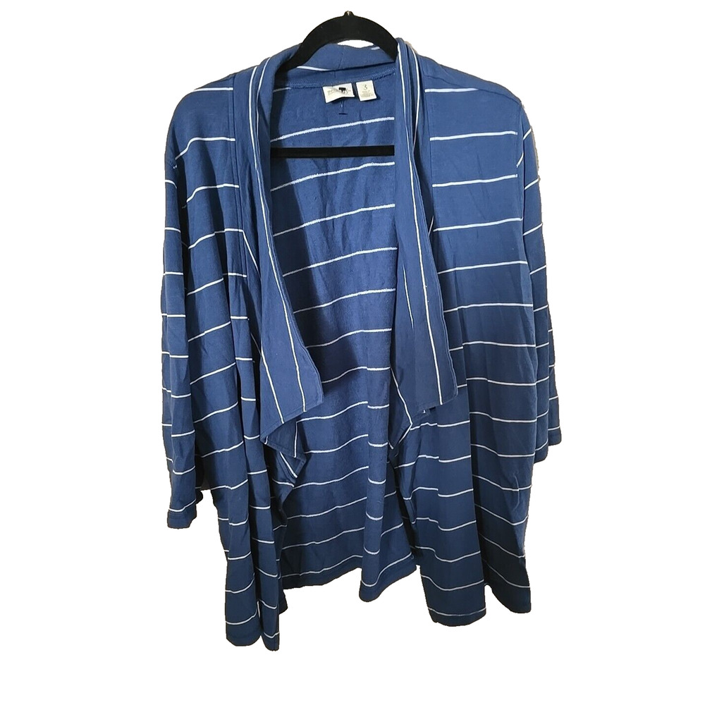 Chico's Blue Striped Open Front Knit Waterfall Cardigan Sweater Womans Sz 3/XL